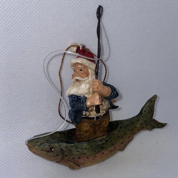 Vintage Fishing Santa Claus Christmas Ornament In a Fish Boat - Picture 1 of 5
